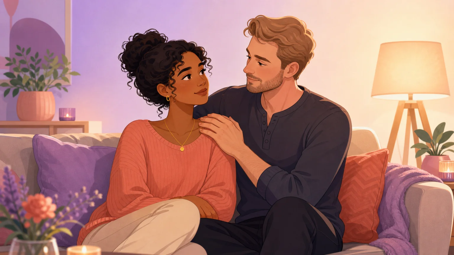 Two adults sharing a quiet nurturing moment on a couch in a softly lit living room — warmth, safety, and acceptance