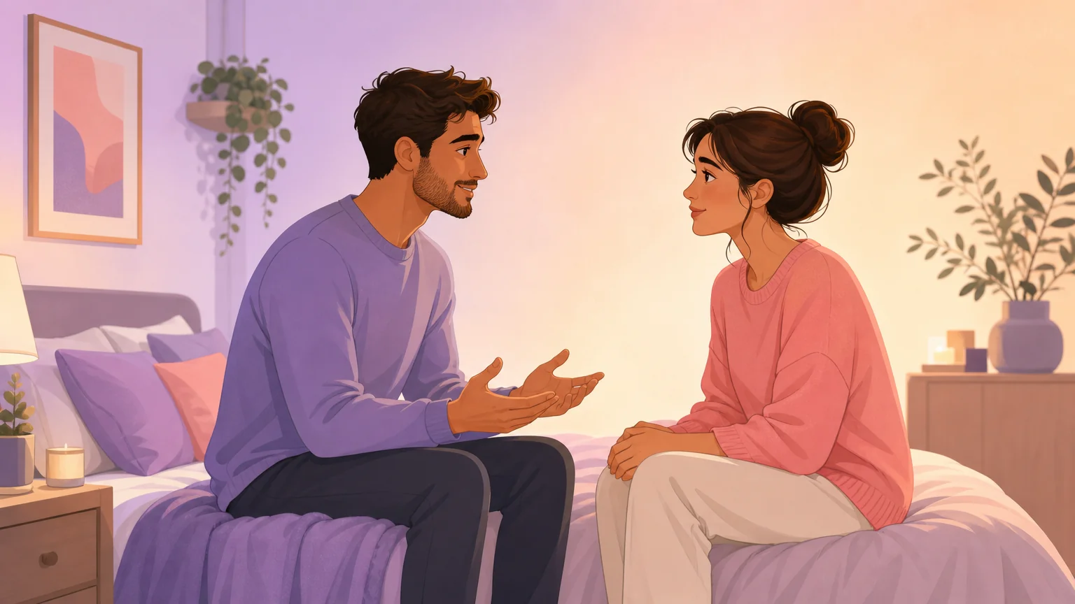 A couple having an honest conversation about a new desire, sitting on the edge of the bed