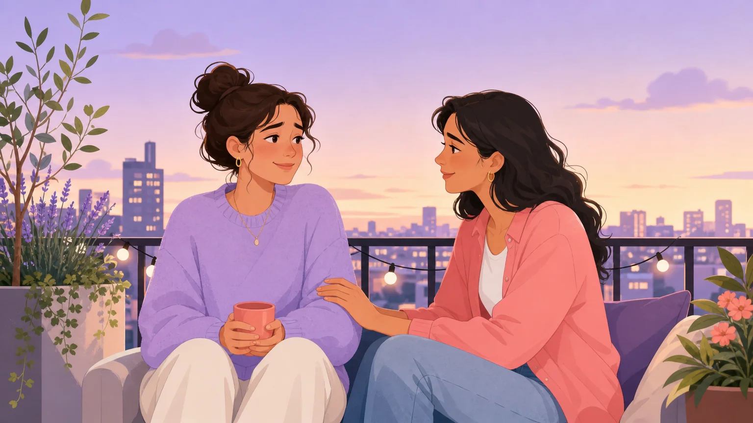 Two friends on a balcony at dusk, one feeling reassured and relieved about their desires