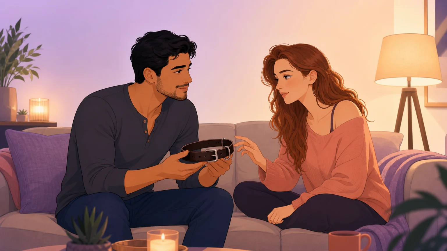 A couple sitting on a couch, one partner offering a collar forward — a moment of vulnerability and openness, the beginning of a conversation
