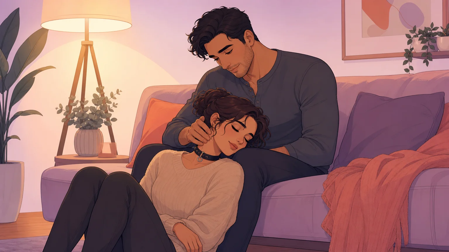 A quiet moment of pet play headspace: one person sits at the feet of another, collar on, eyes closed in peace while a hand rests gently on the back of their neck