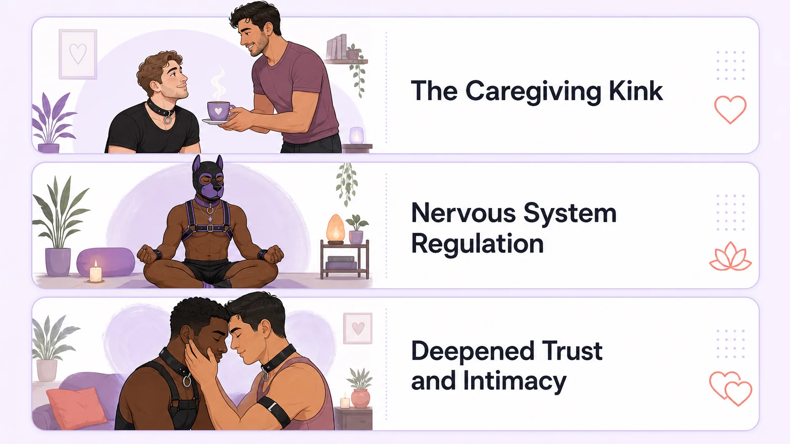 Three psychological pillars of pet play: the caregiving kink, nervous system regulation, and deepened trust and intimacy, illustrated with warm cartoon scenes