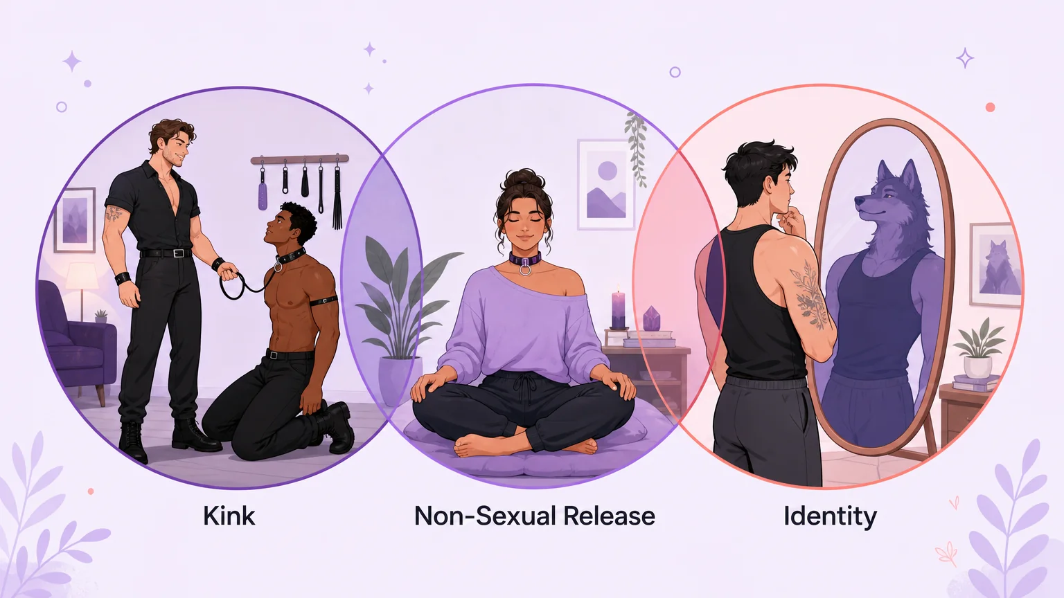 Three overlapping circles showing the three categories of pet play: kink, non-sexual release, and identity