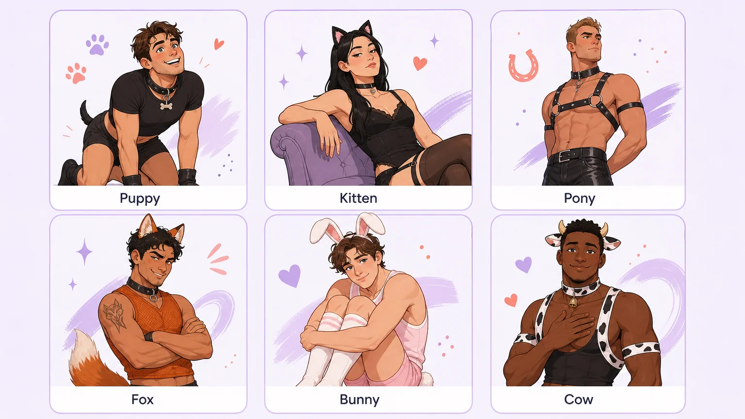 Six illustrated cards showing the different pet play personas: Puppy, Kitten, Pony, Fox, Bunny, and Cow, each with a distinct personality and style