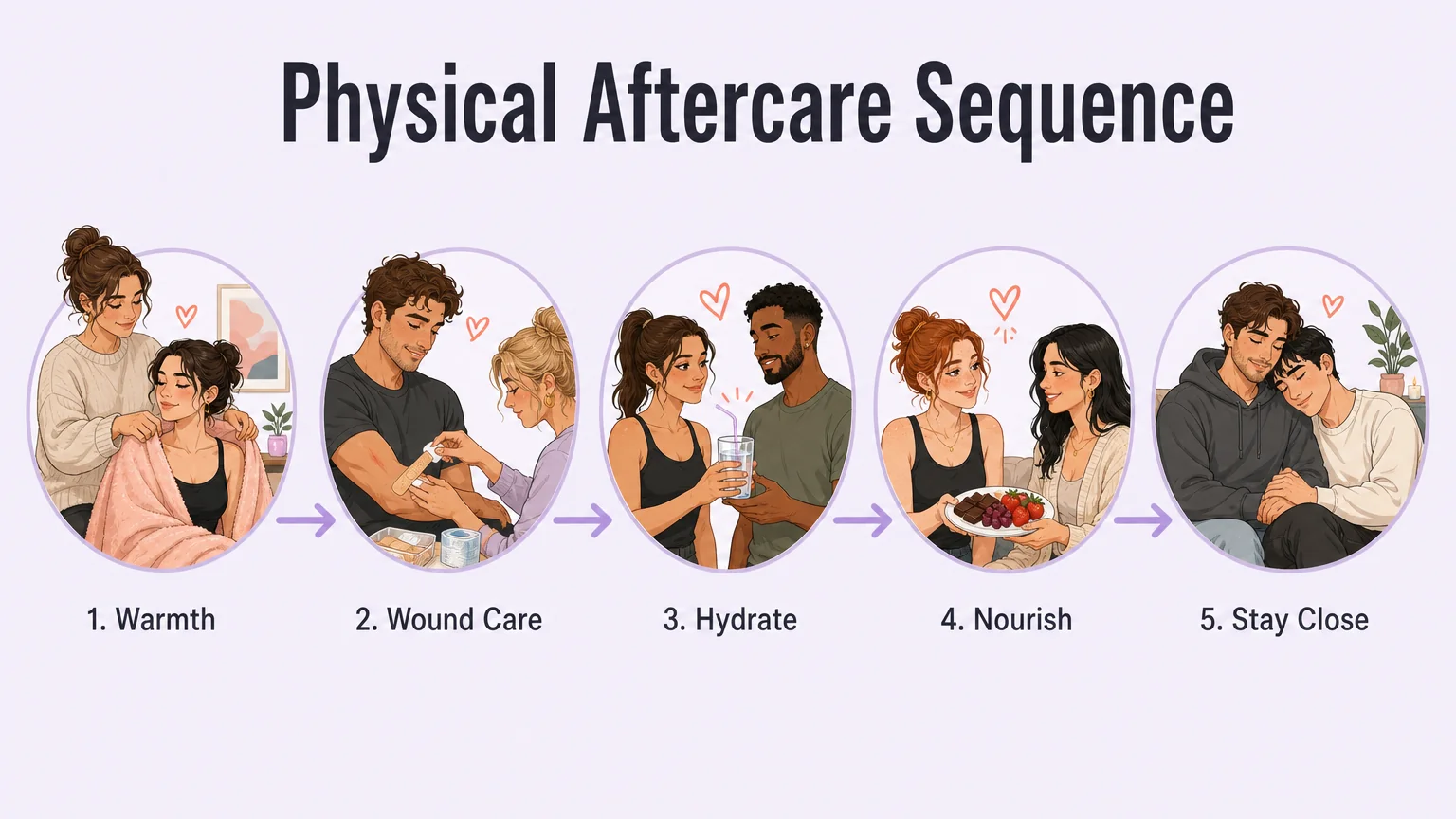 Five-step physical aftercare sequence illustrated: warmth with a blanket, wound care, hydration, nourishment with chocolate and fruit, and staying close together
