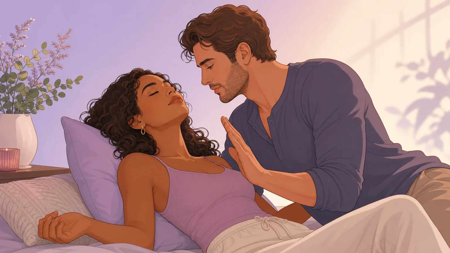 Two people in a tender moment of anticipation and trust, illustration for the pleasure dom archetype