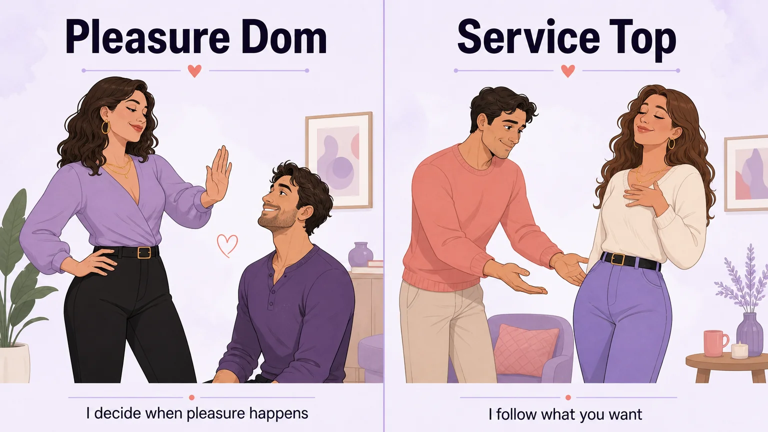 Pleasure dom vs service top comparison: who leads through pleasure versus who follows the script
