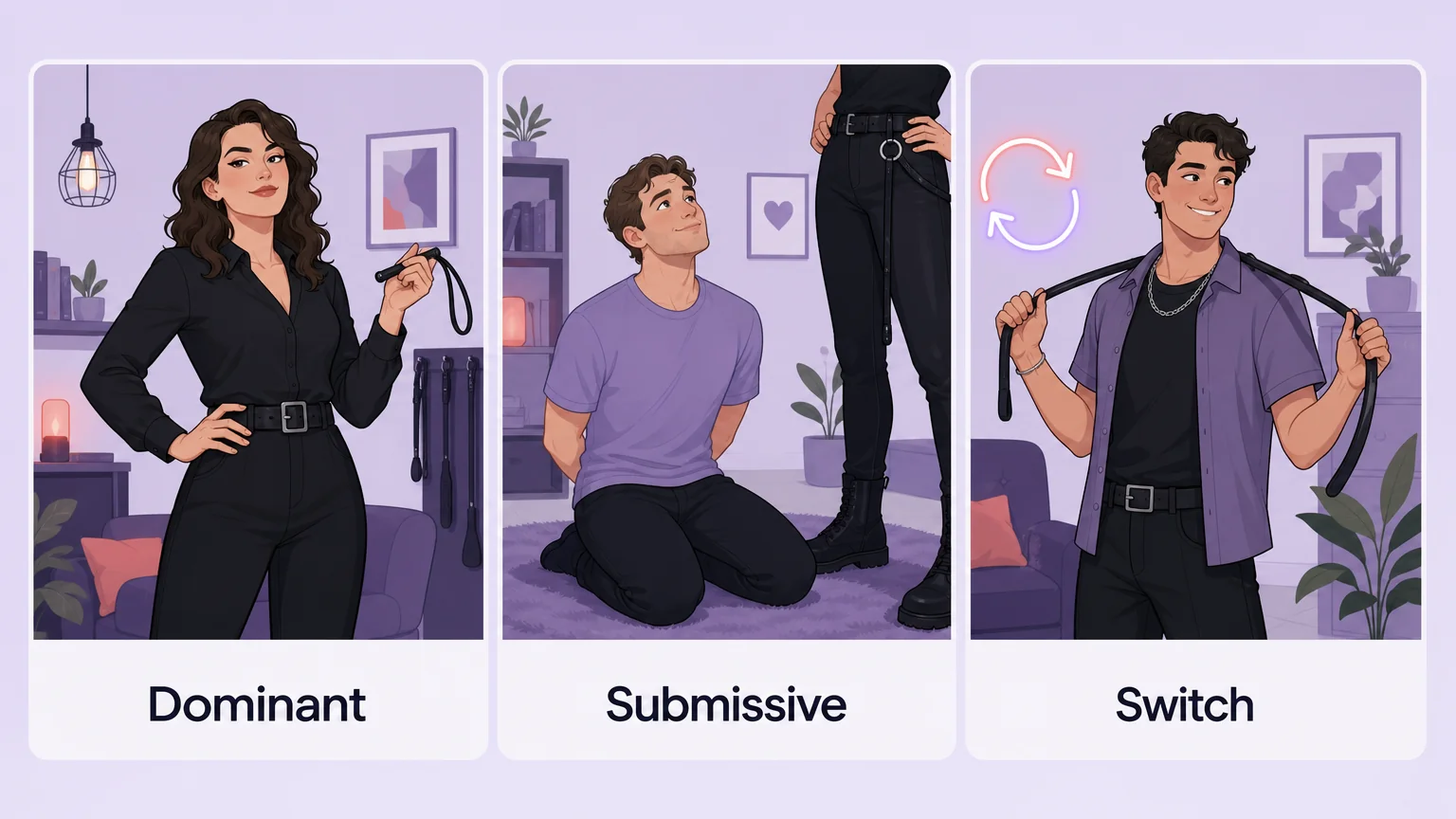 Three BDSM power-exchange roles: Dominant, Submissive, and Switch