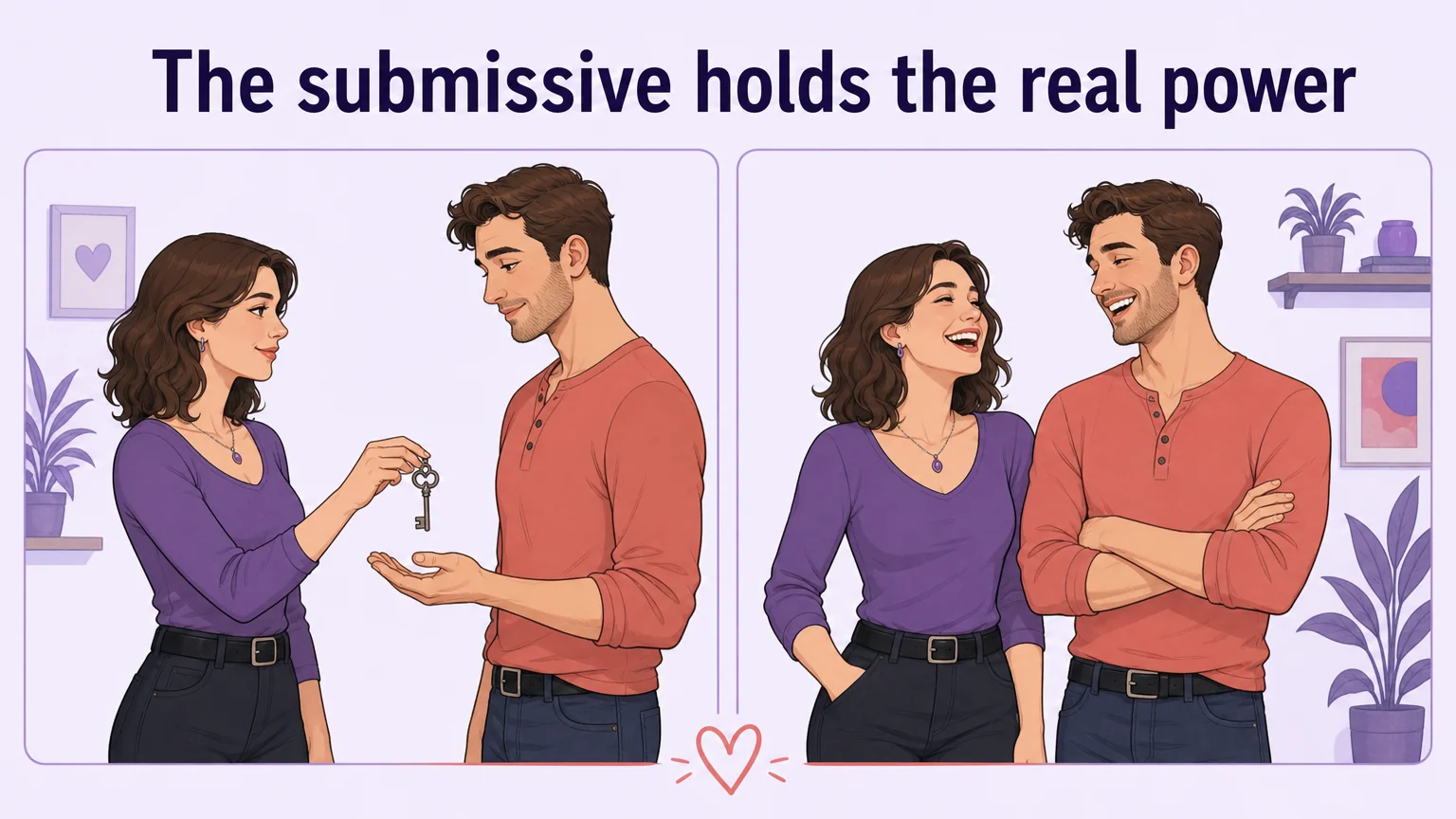Two adults exchanging trust and a small key, power exchange illustration