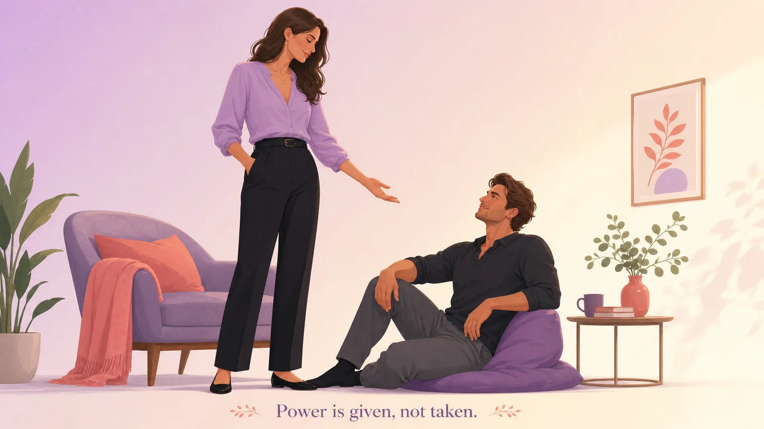 Illustration of consensual power exchange, with the caption power is given, not taken