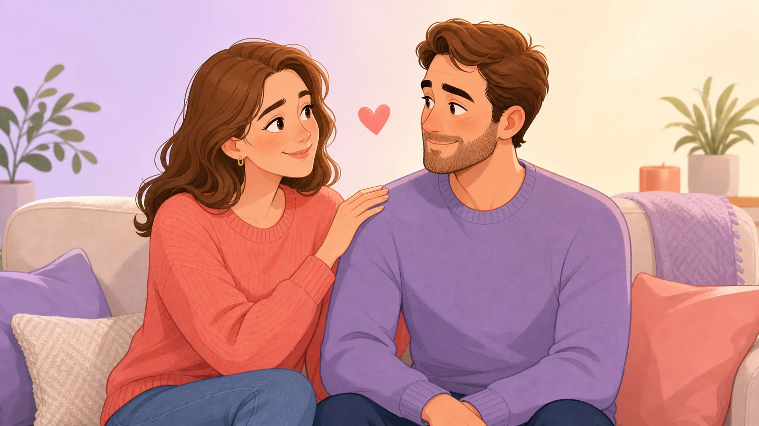One partner warmly praising the other with a hand on their shoulder