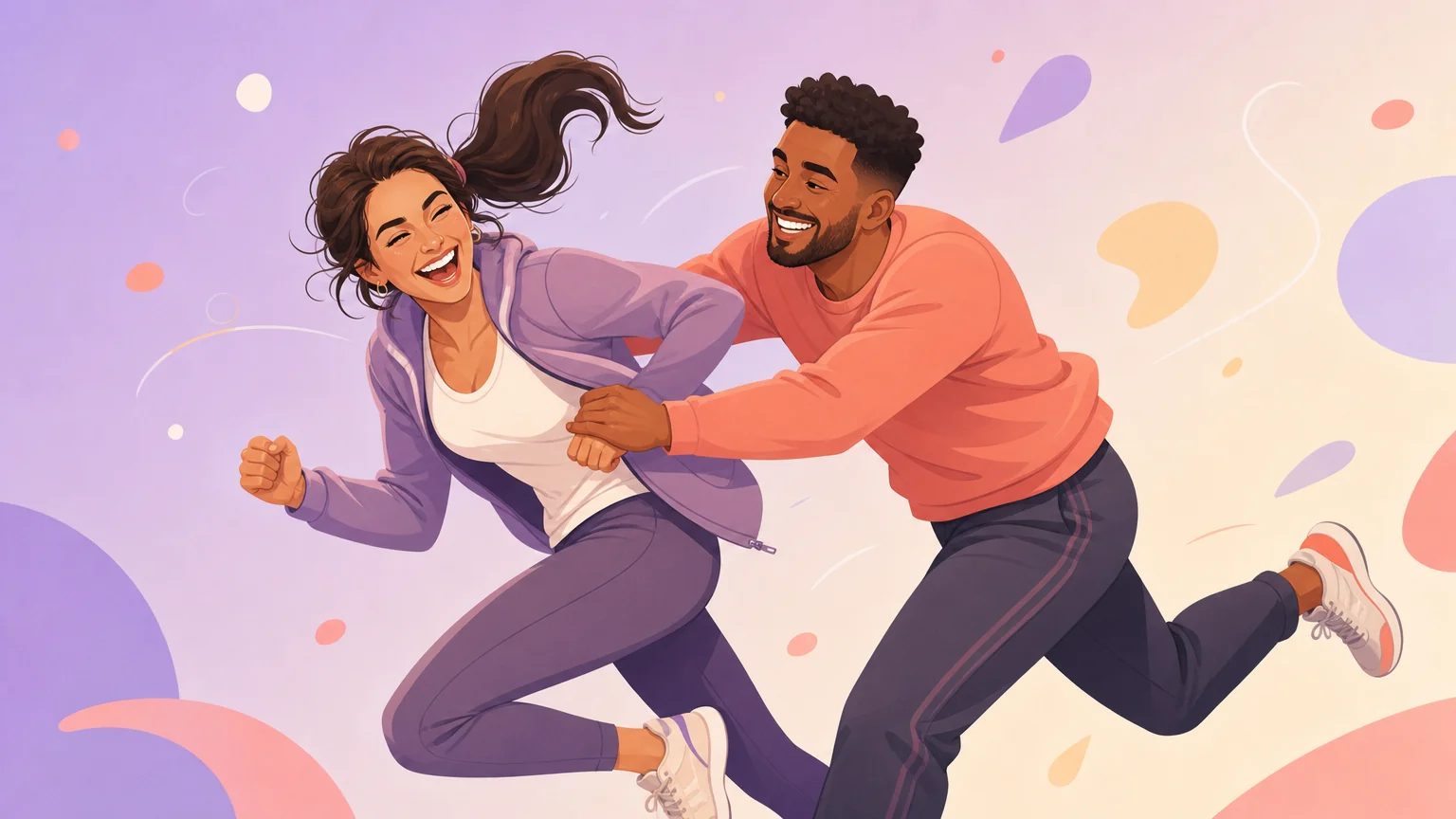 Joyful cartoon chase between two people, illustration for the primal dom archetype