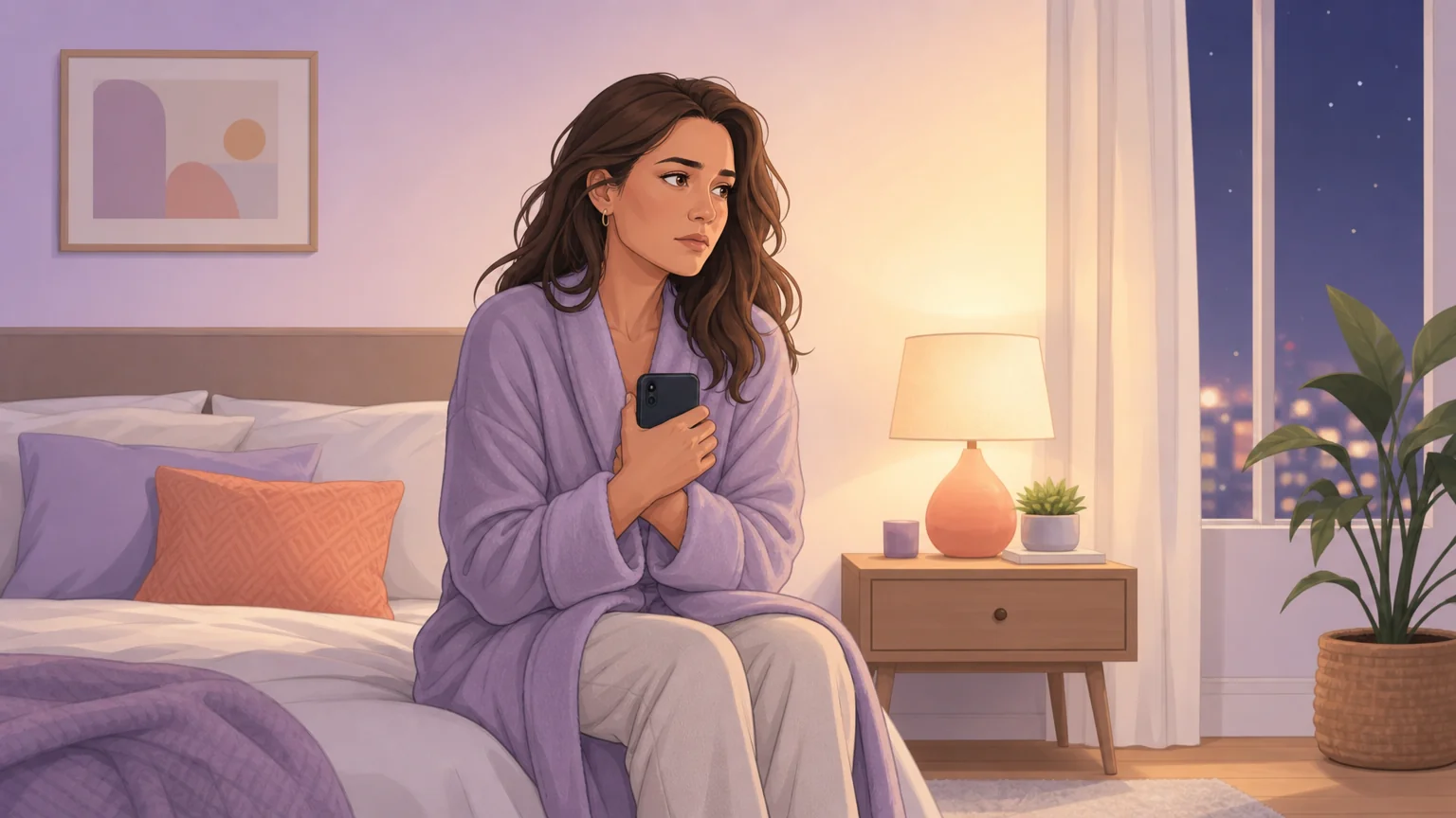 One person holding a phone protectively in a softly lit room, guarding their privacy