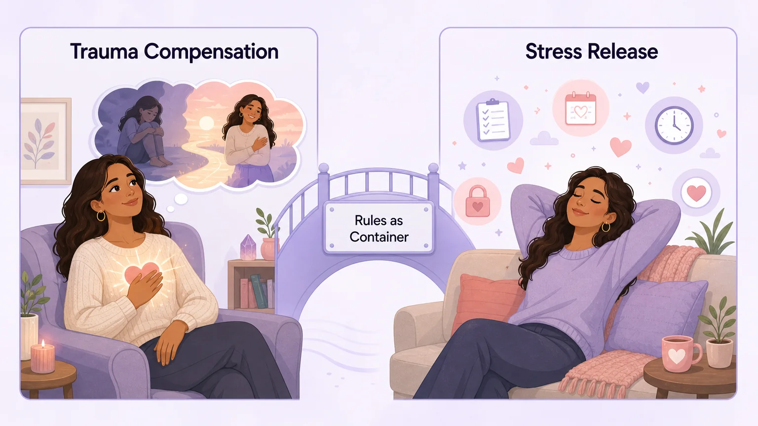 Two-panel illustration showing the two psychological engines of DDLG rules — trauma compensation and stress release — with rules as a container bridging both