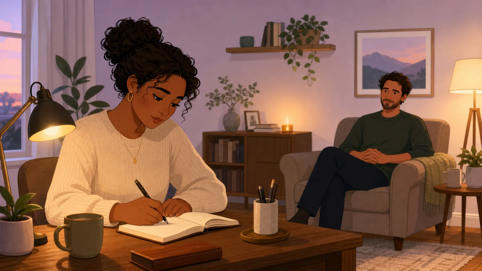 A person writing lines at a desk by lamplight while their partner watches calmly from across the room