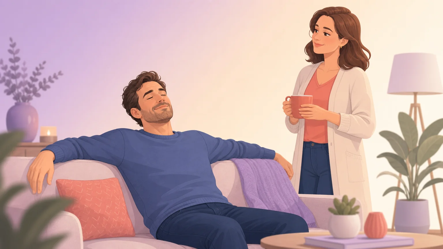 The relief of being cared for, a partner relaxing as a warm confident woman watches over them