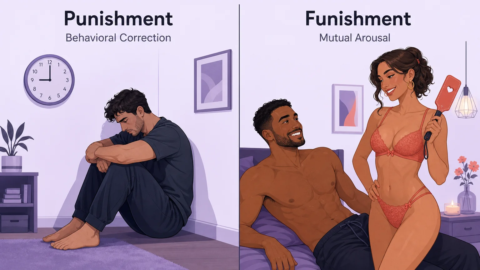 Side-by-side comparison: Punishment (behavioral correction) vs Funishment (mutual arousal)
