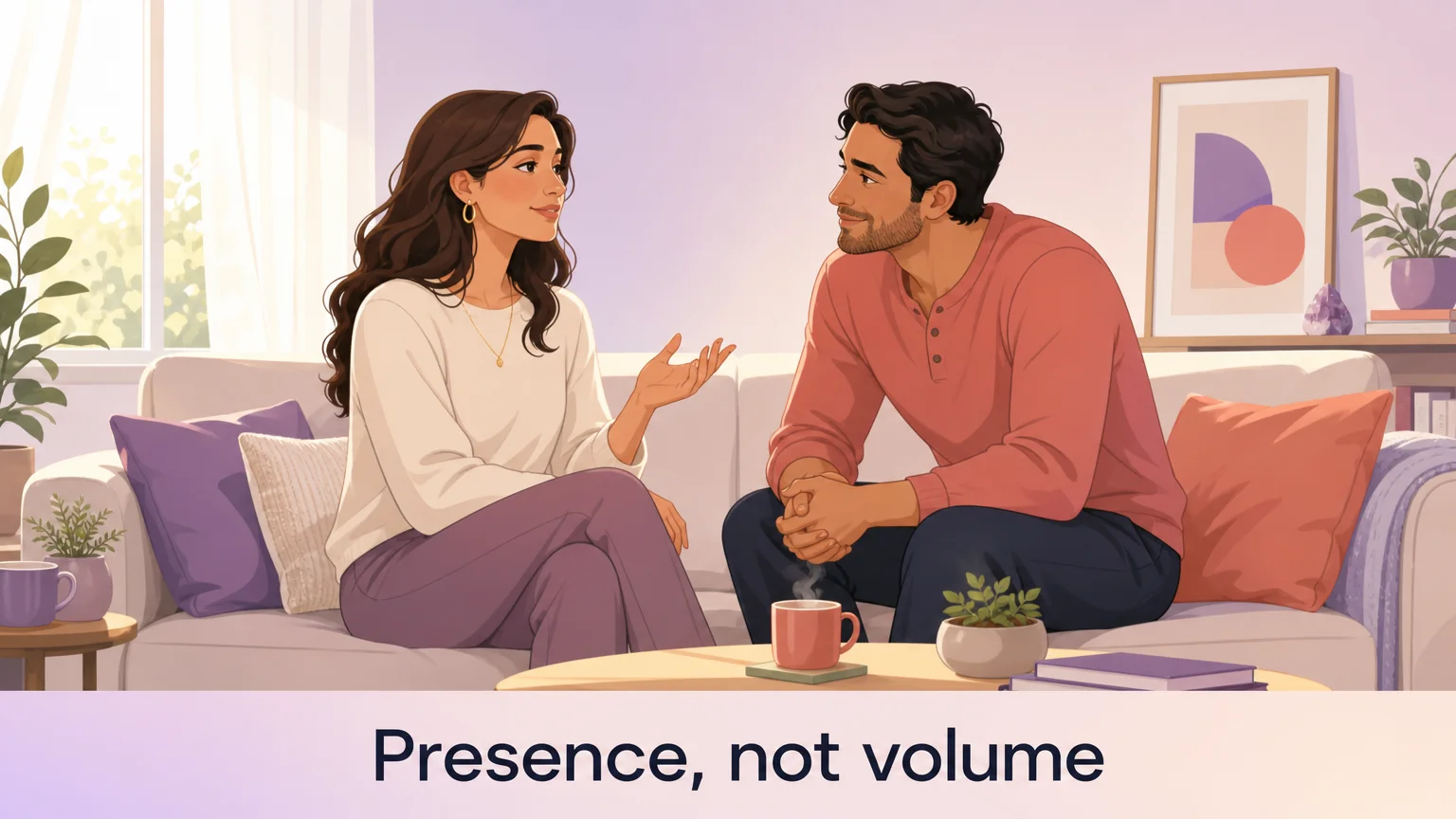 Quiet presence: a calm dom speaking softly while a partner listens attentively