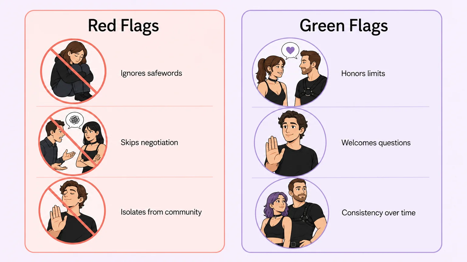 Red flags versus green flags in BDSM dynamics — a side-by-side comparison to help readers assess their own dynamic