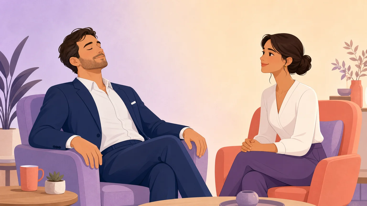 An adult man in a suit relaxing with relief as a confident woman sits across from him, illustrating the relief of surrender