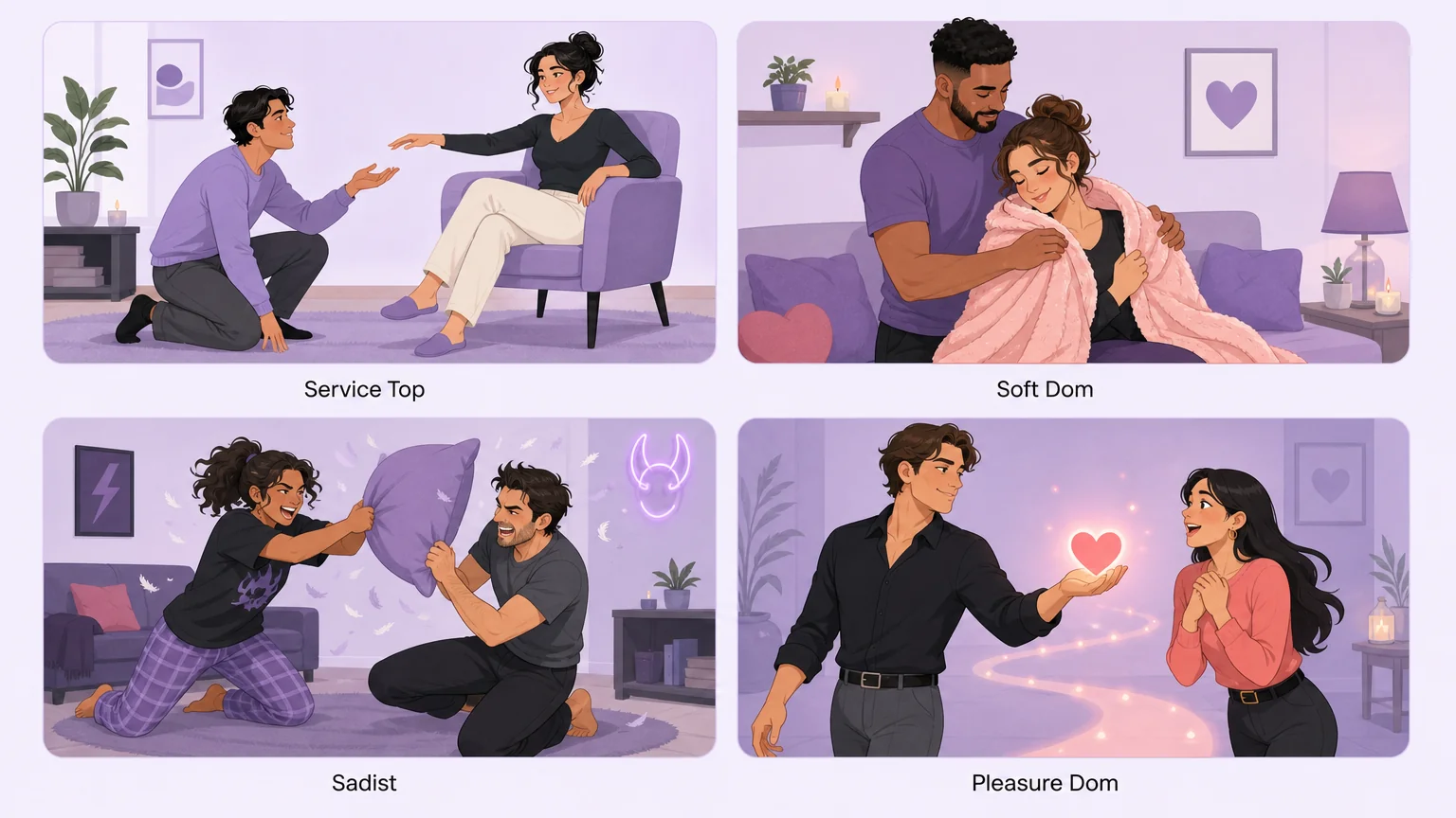 Pleasure dom vs service top, soft dom, and sadist: four role labels in a comparison grid