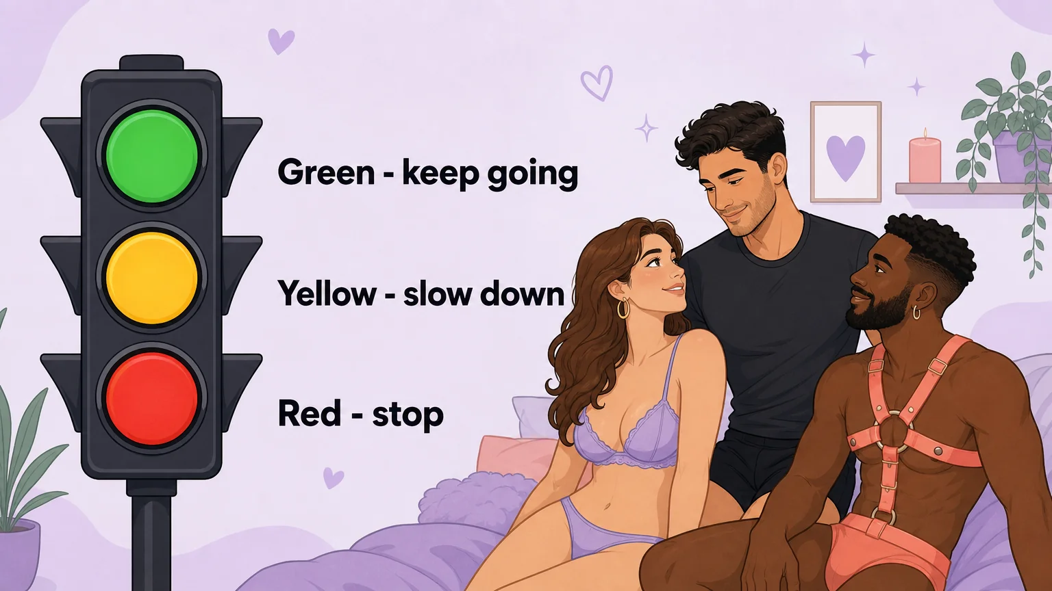 Green, yellow, and red traffic light safeword system with labels