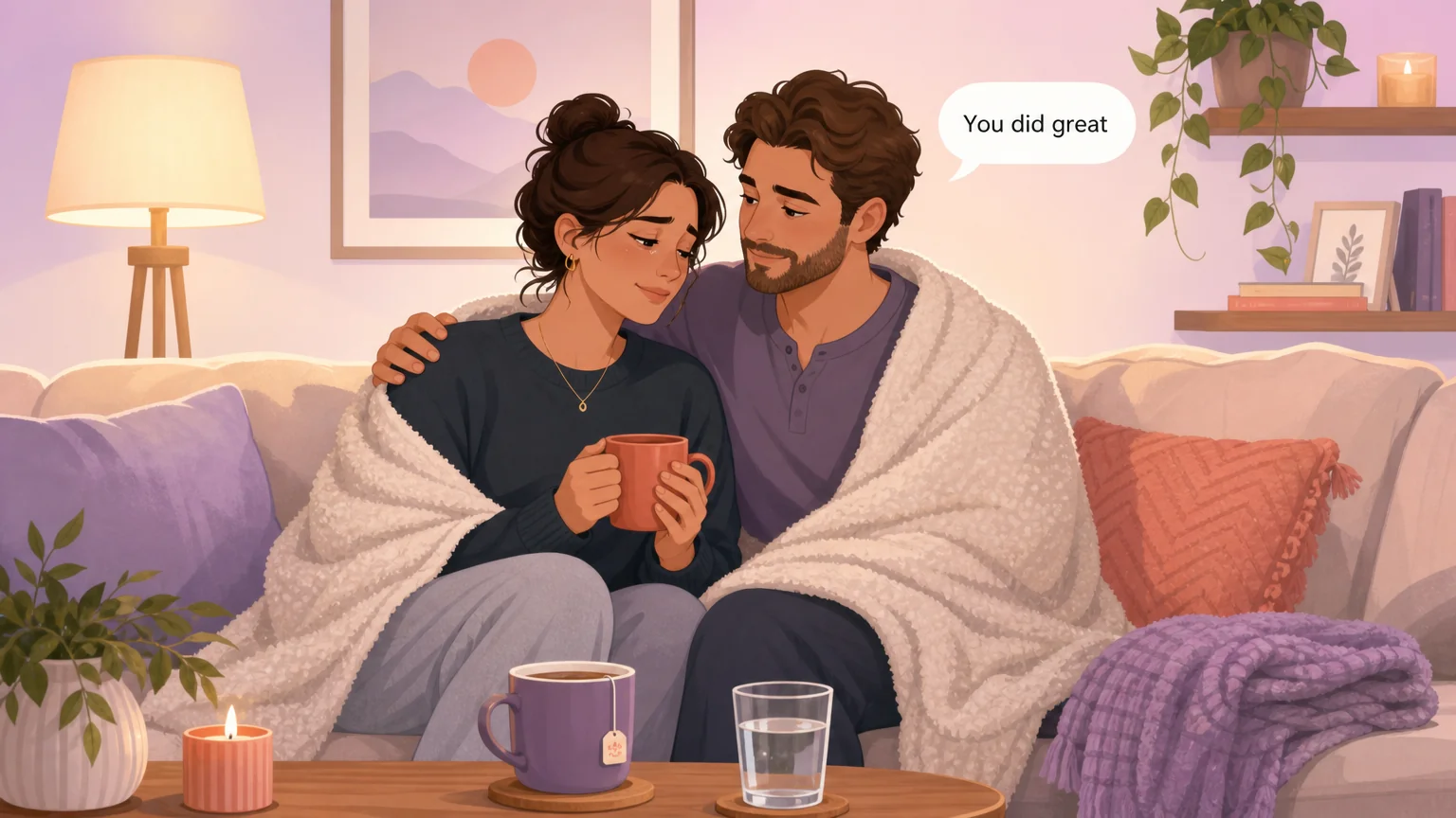 Two partners wrapped in a blanket after a scene, one reassuring the other, "You did great"