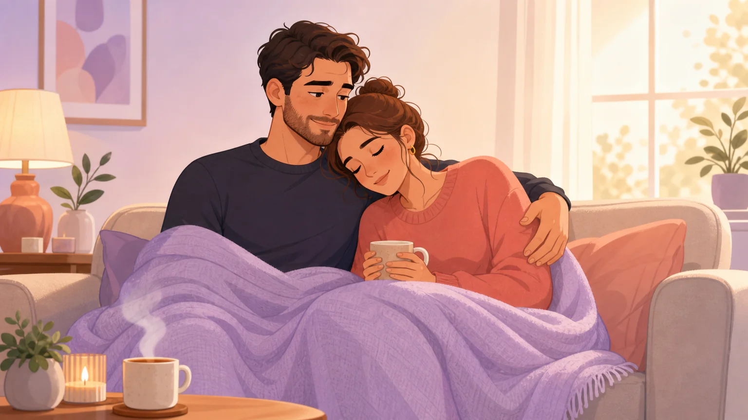 Scenario illustration: two partners sharing a quiet aftercare moment under a blanket with tea