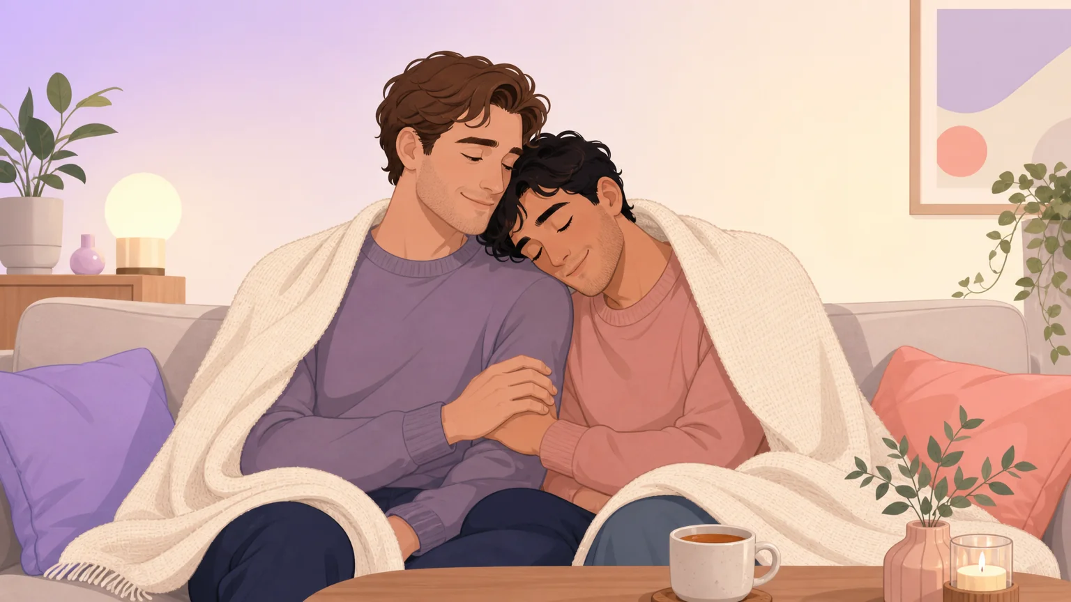 Illustration of a couple wrapped in a blanket doing aftercare together after an intense moment