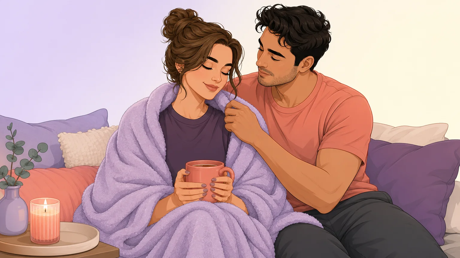 Scenario illustration of two partners sharing a warm aftercare moment after a scene