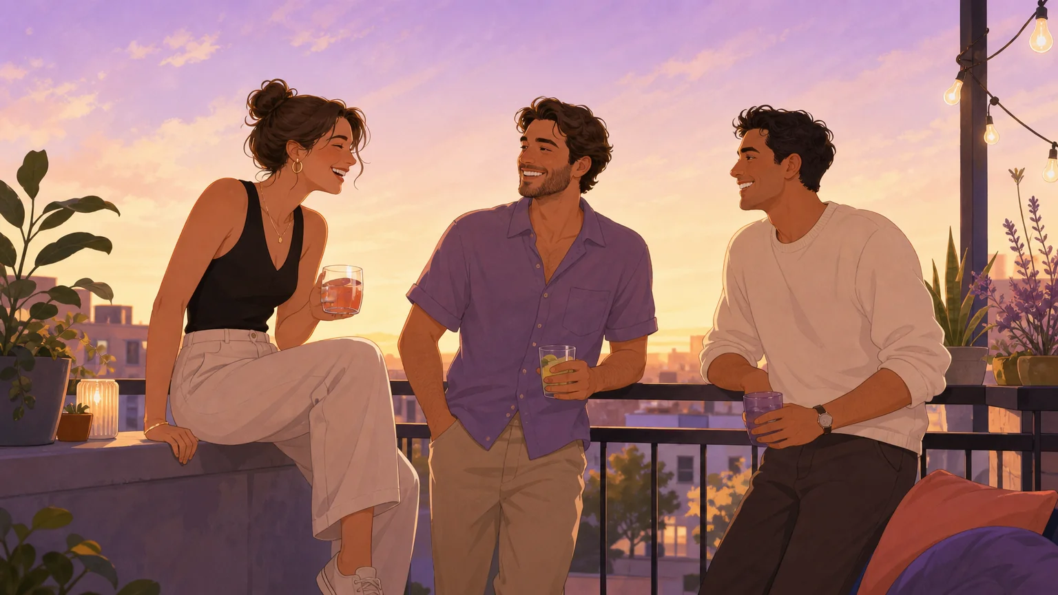 Three adults comfortable and connected on a balcony, exploring brat play in ENM and threesomes