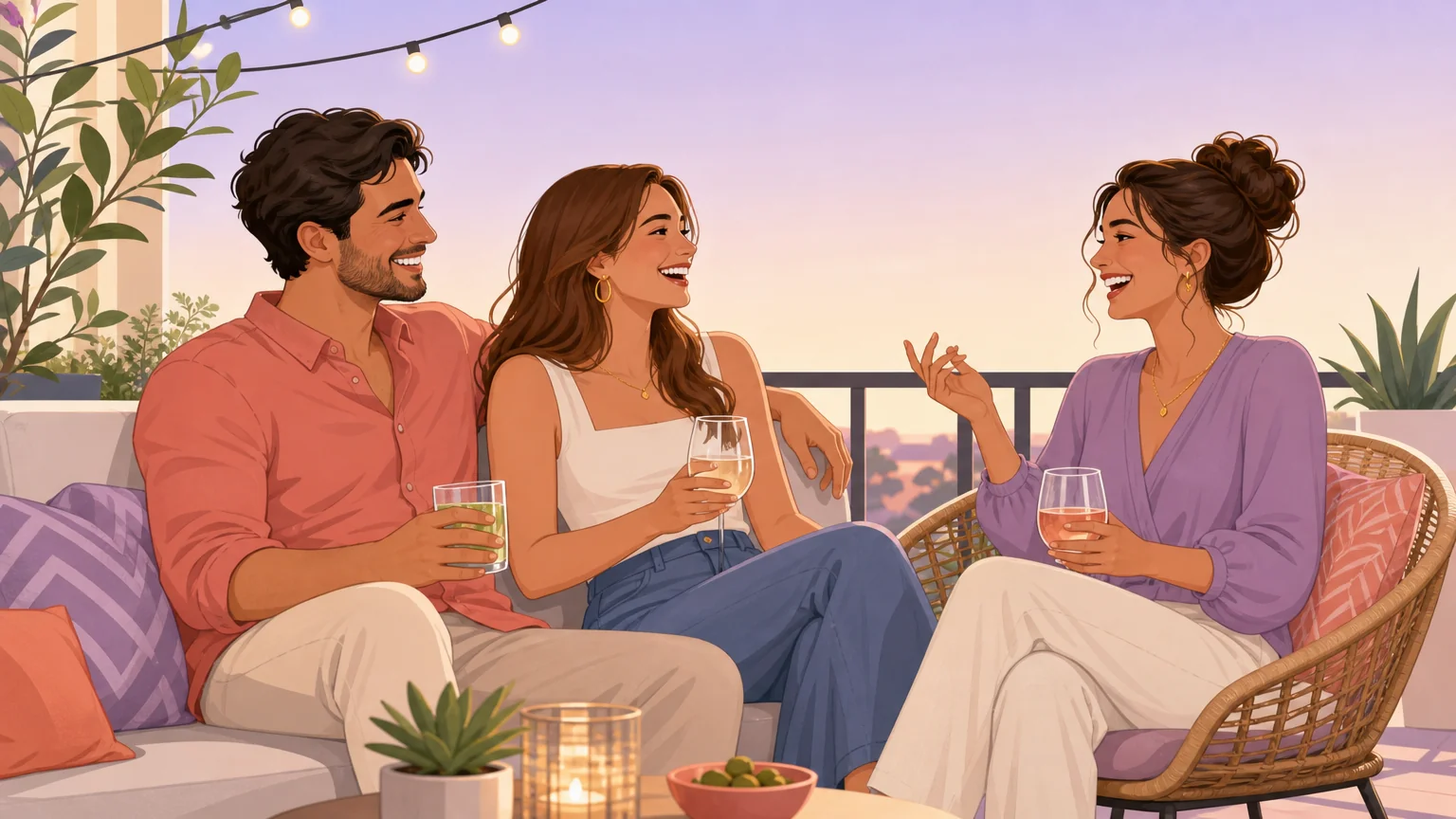 Three adults comfortable and connected on a balcony, exploring brat tamer play in ENM and threesomes