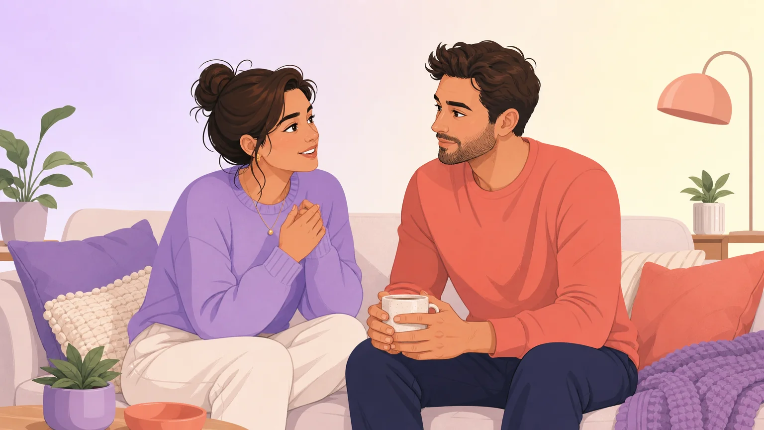 Scenario illustration of two partners having a calm conversation about their dynamic