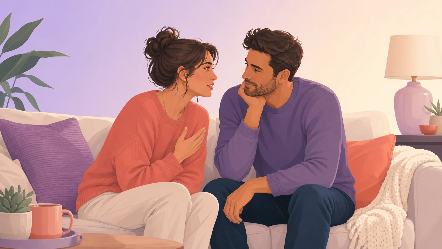 Two partners having an honest conversation about trying something new, on a sofa