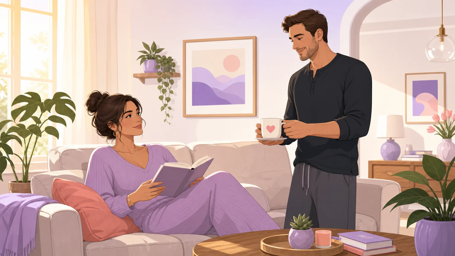 Illustration of everyday care in a dominant relationship, a partner bringing morning coffee