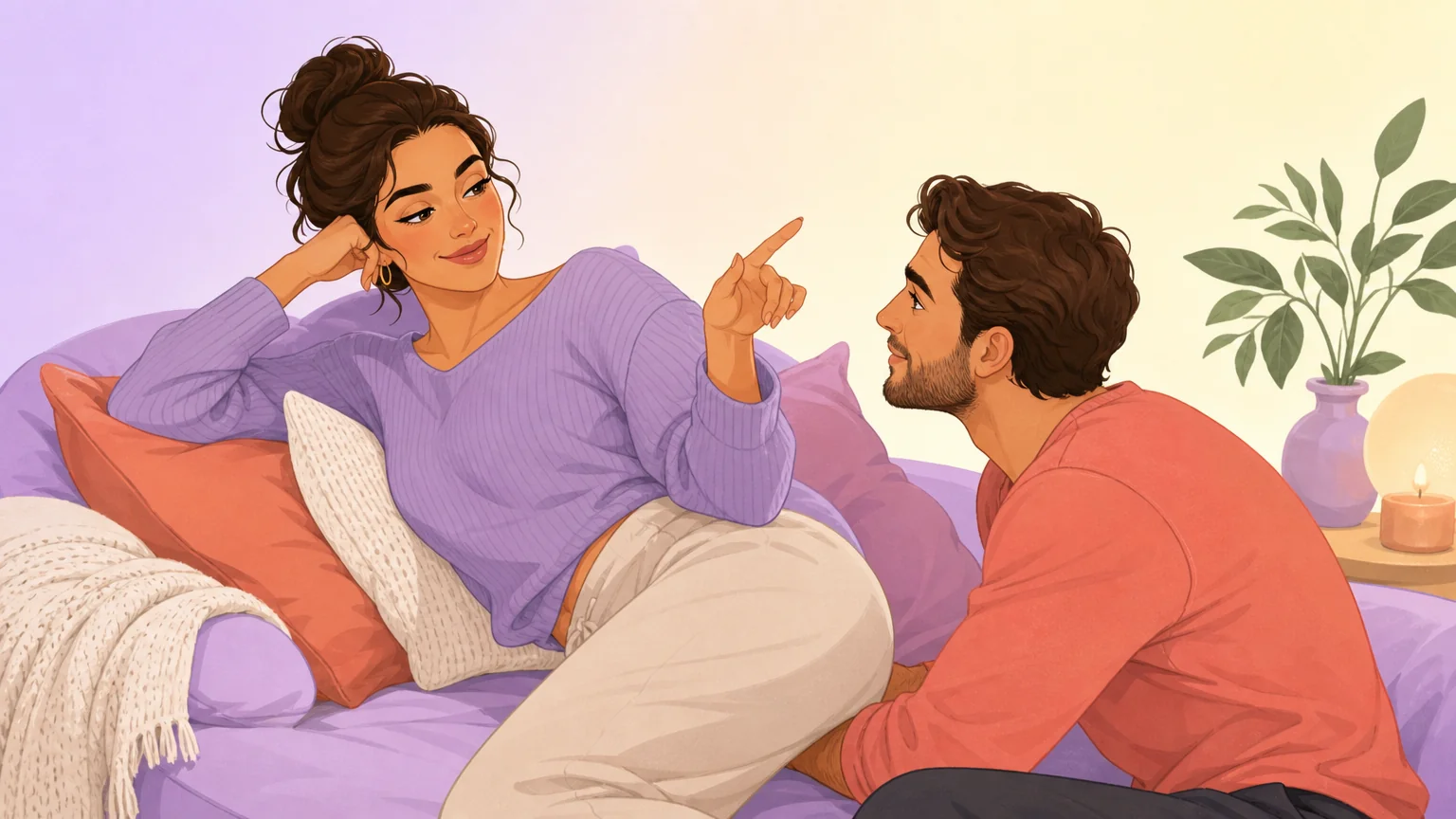 Scenario illustration of a partner confidently directing an intimate scene from the receiving position