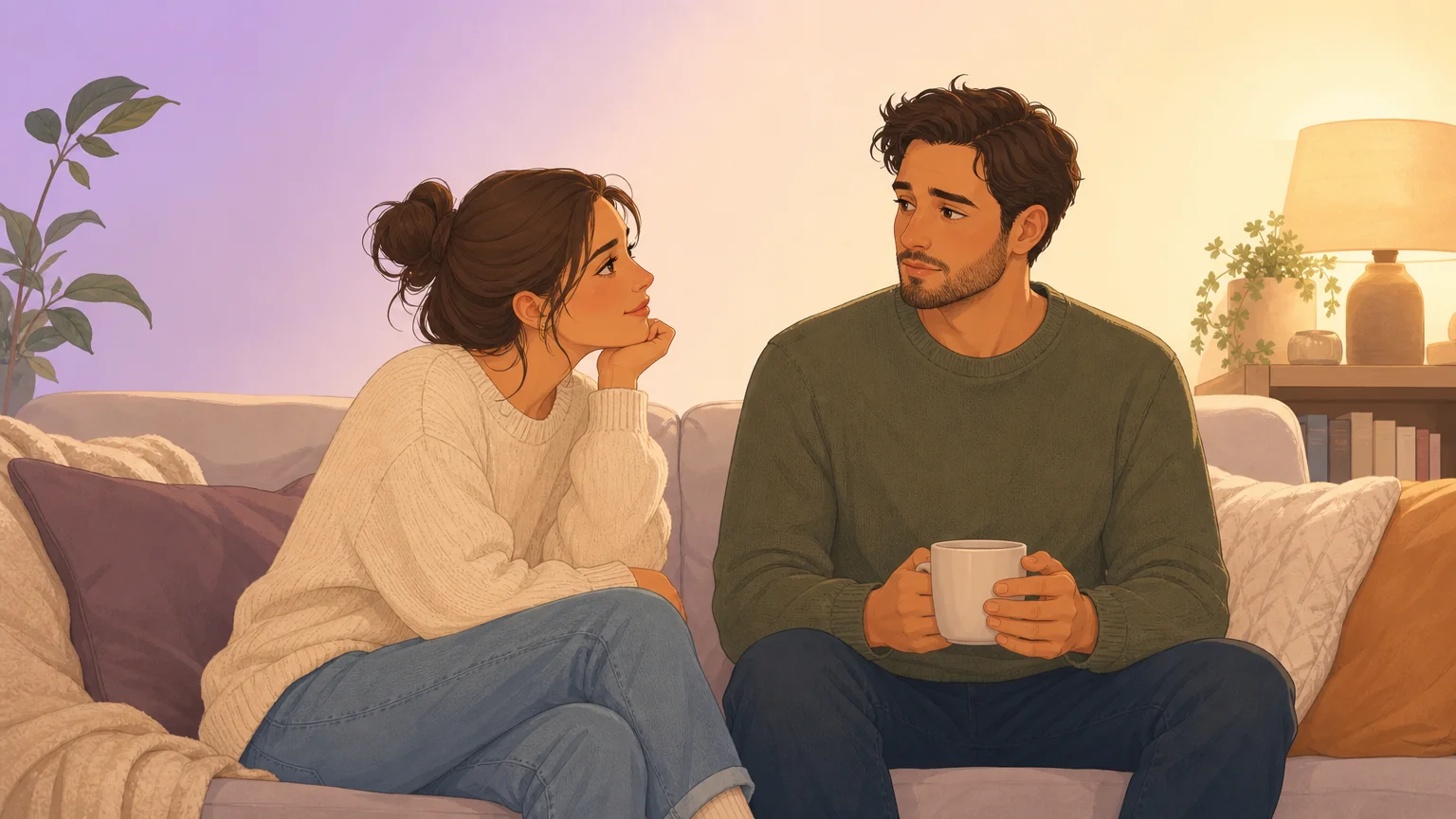 Two adults on a couch, one leaning in curious and the other hesitant, in warm evening light