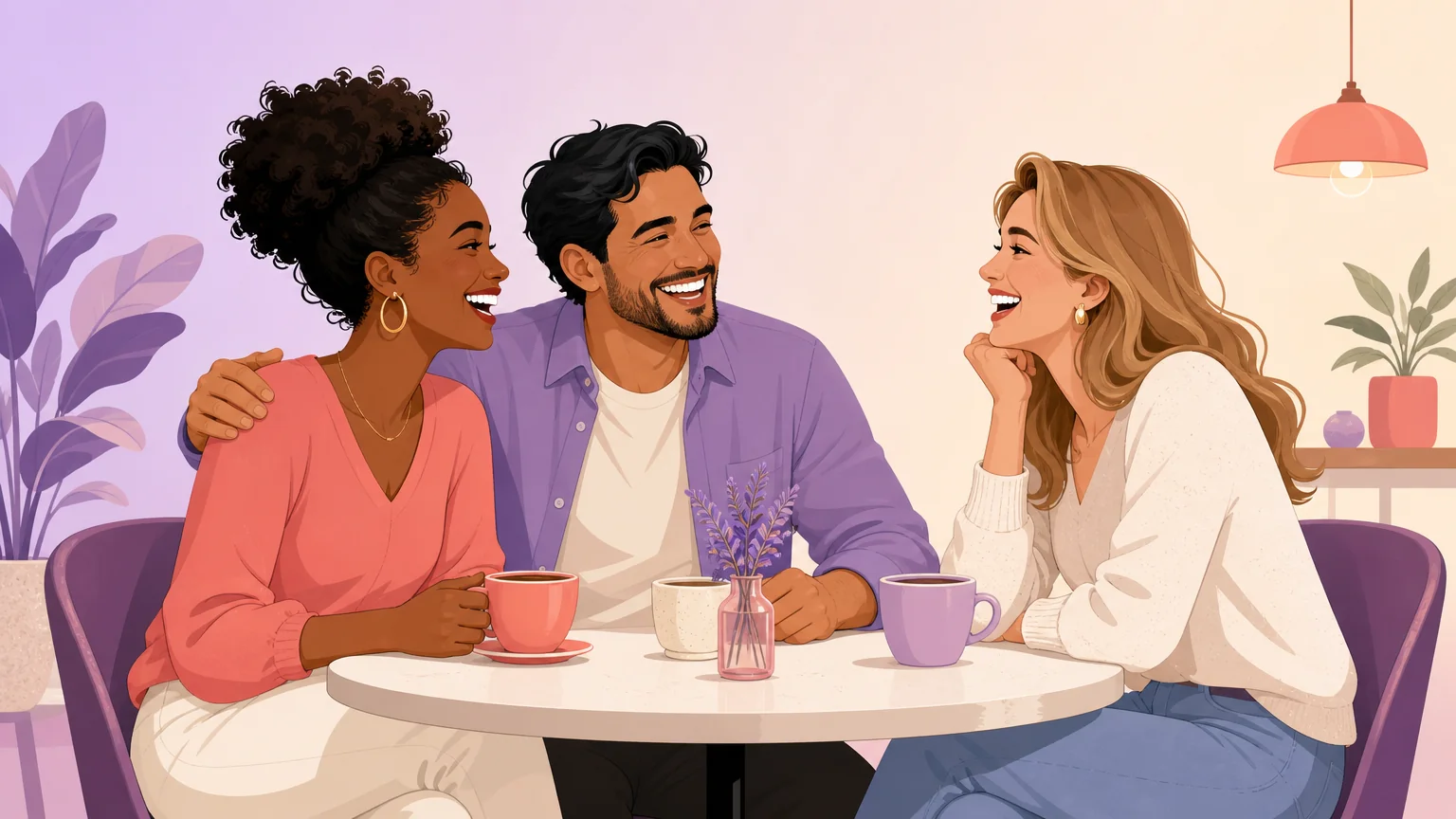 Couple and a third person at ease together in an open relationship