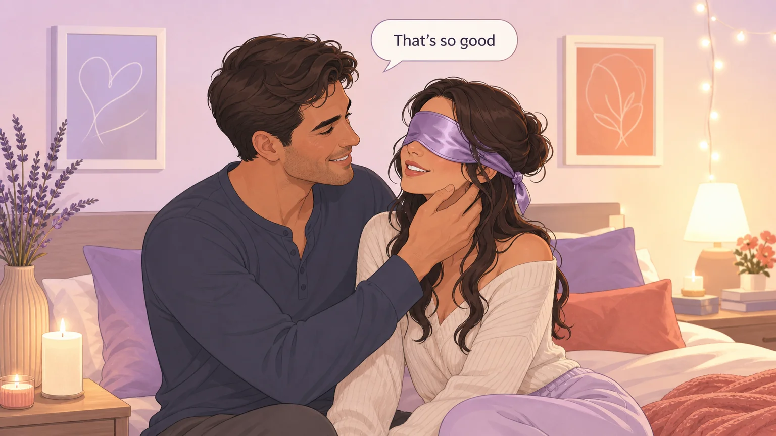 One partner praising the other gently with "That's so good" in a tender blindfolded moment