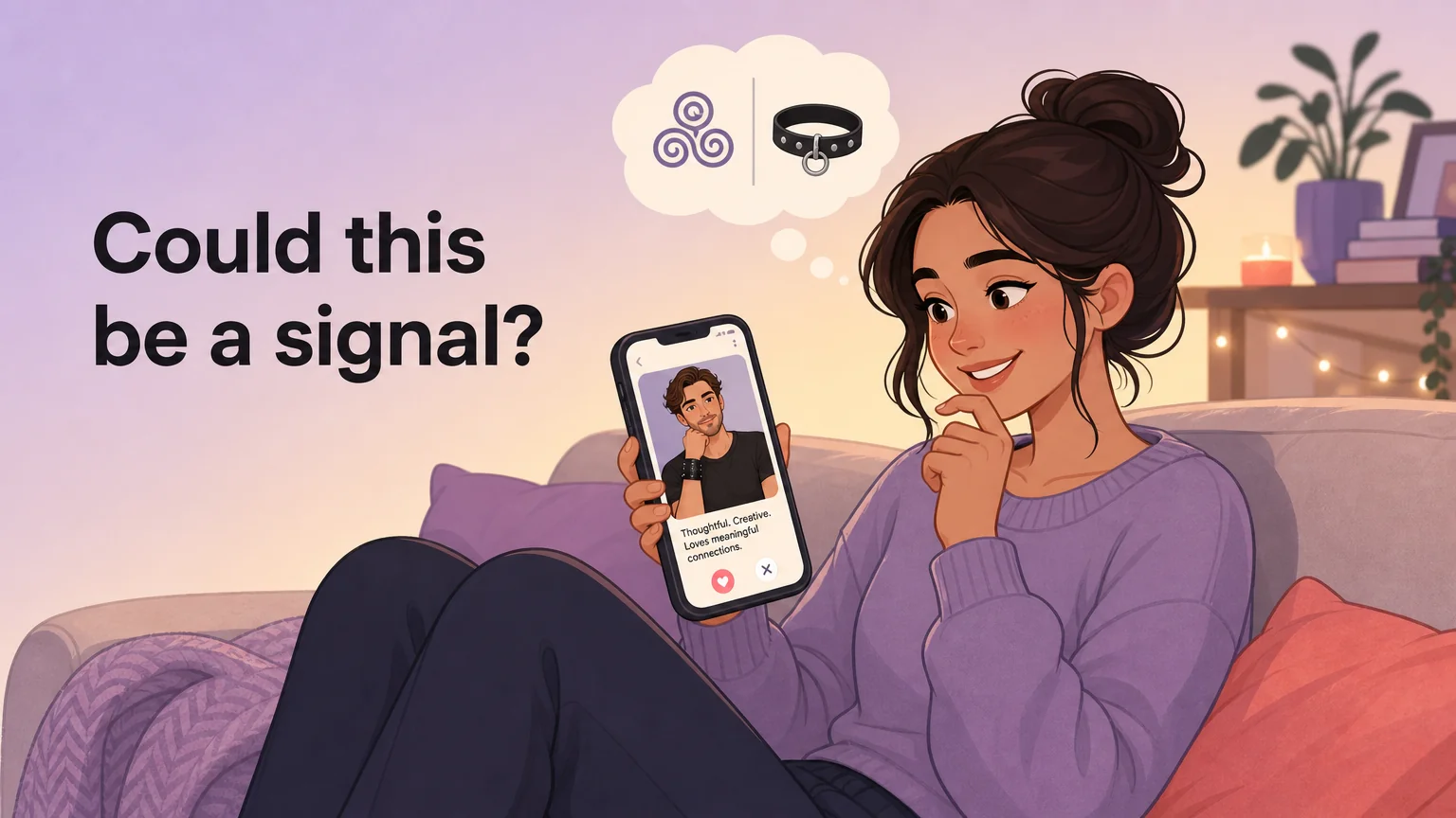 Reading kink signals on a dating app profile - a cuff in a photo and a subtle bio line