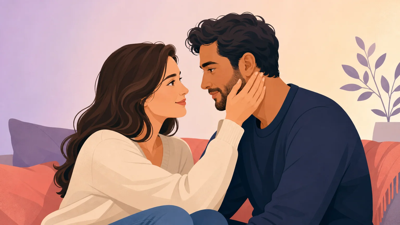 One partner reading the other's signals and checking in without breaking the mood