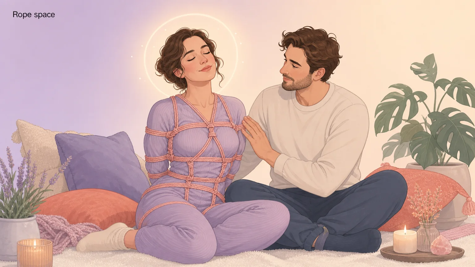 Illustration of rope space, a person wrapped in rope with eyes closed in a floaty meditative state while a partner sits close by