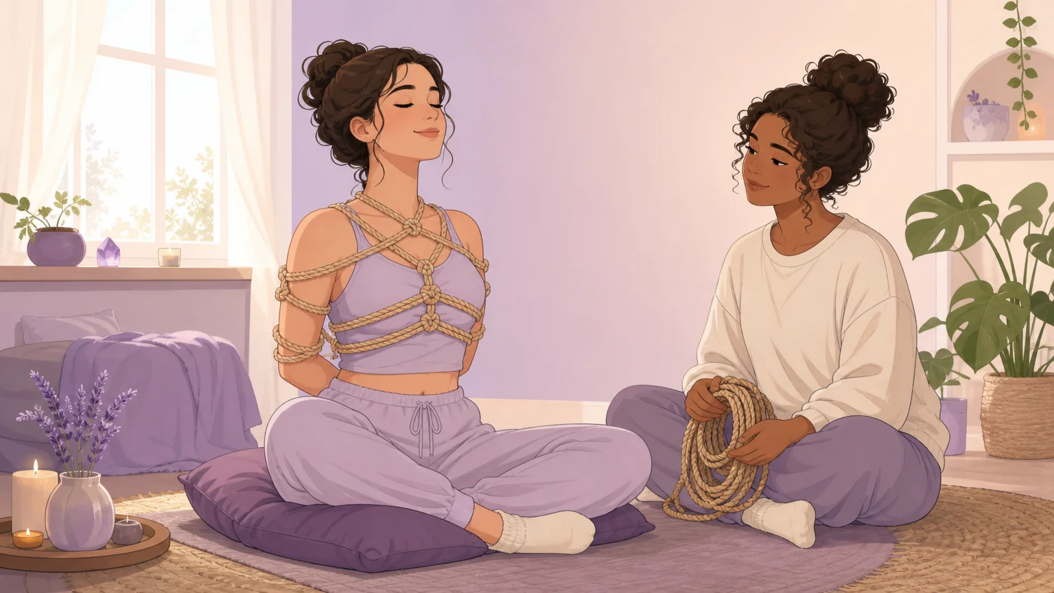 Warm illustration of a person in a peaceful, meditative state with soft rope — the calm of rope space