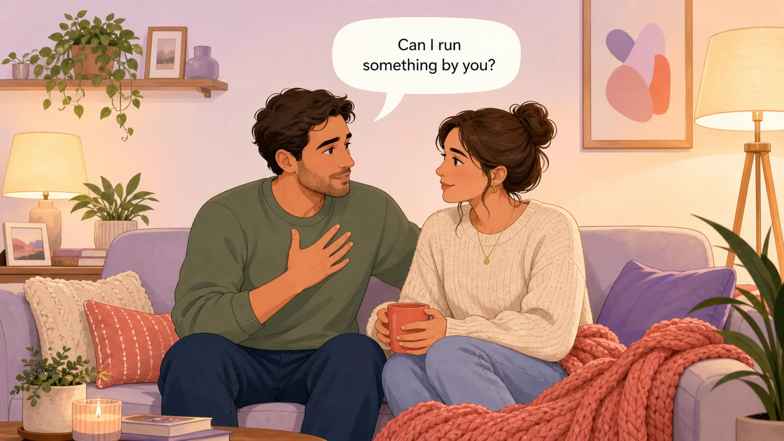 Two partners having a tender conversation about trying something new, saying "Can I run something by you?"