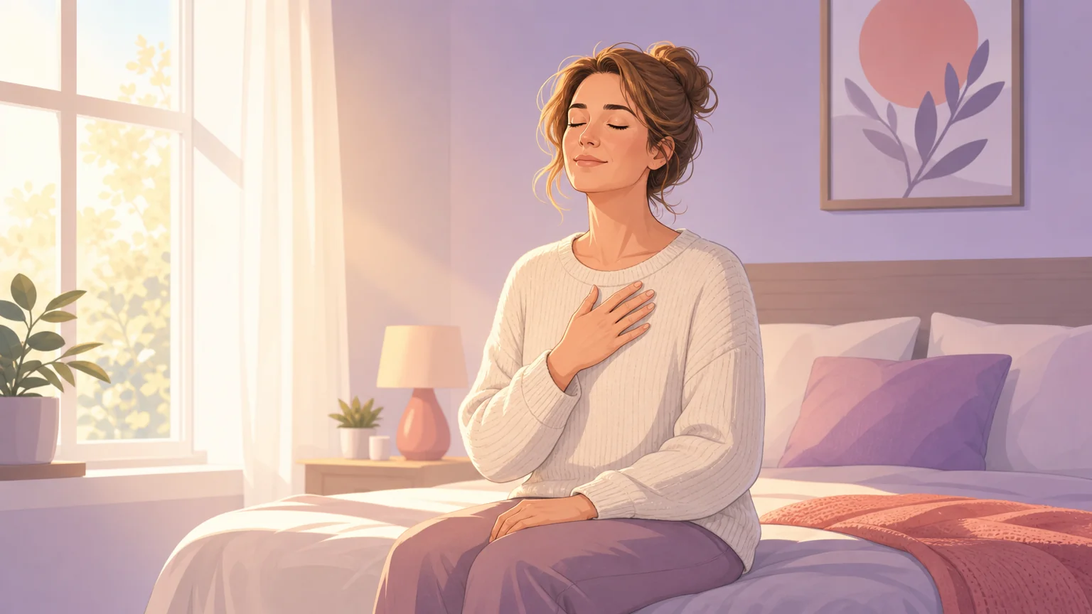An adult character in a quiet moment of self-compassion, sitting on the edge of a bed in morning light, at peace with themselves
