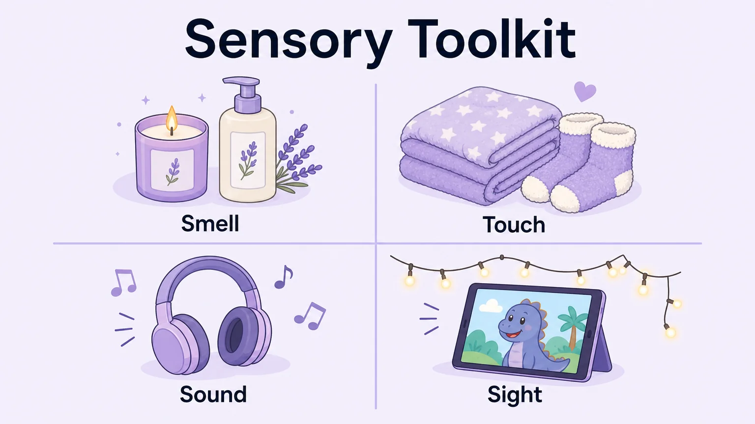 Four-panel grid showing the sensory toolkit: Smell, Touch, Sound, and Sight