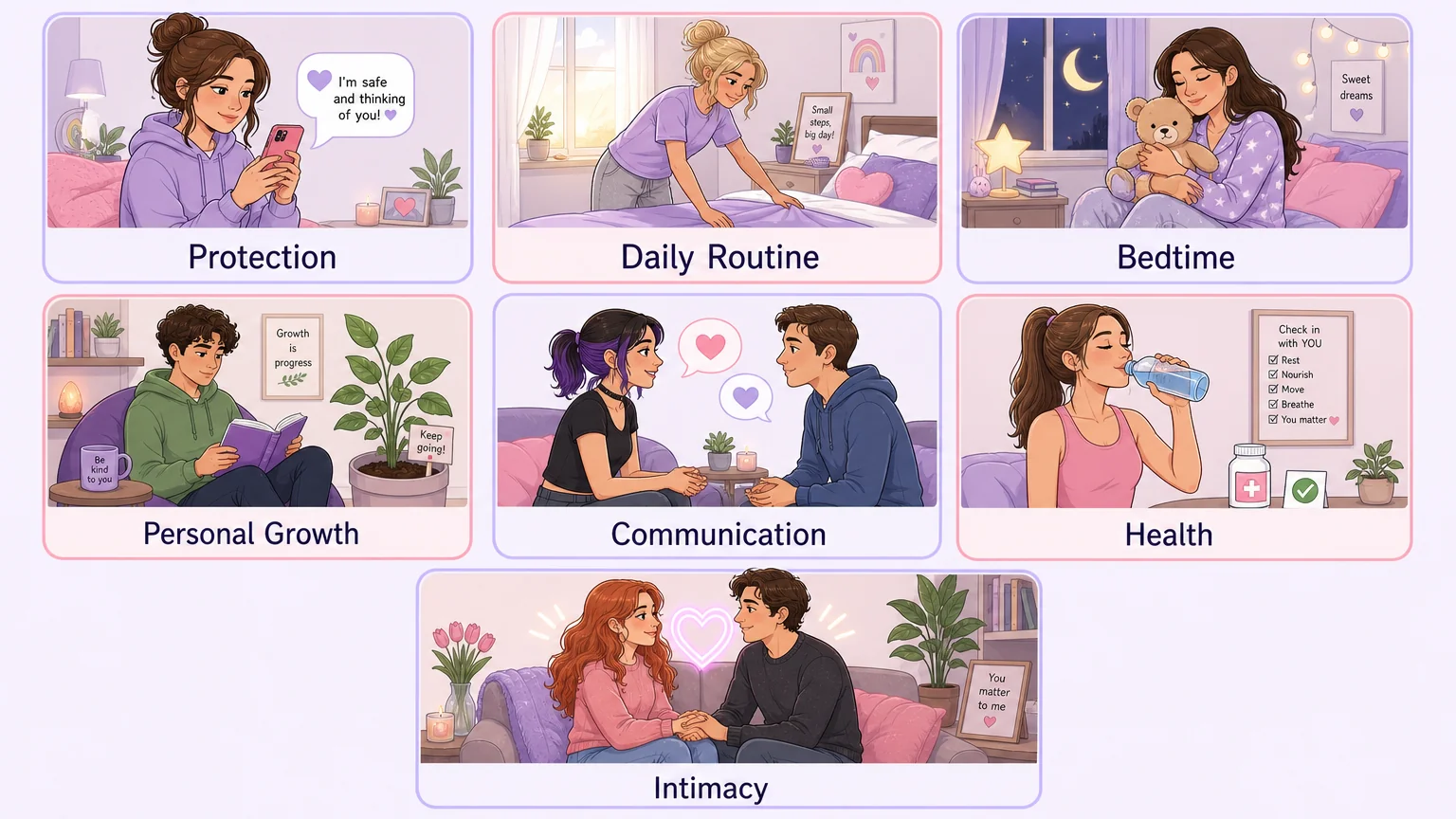 A grid overview of the 7 DDLG rule categories: protection, daily routine, bedtime, personal growth, communication, health, and intimacy