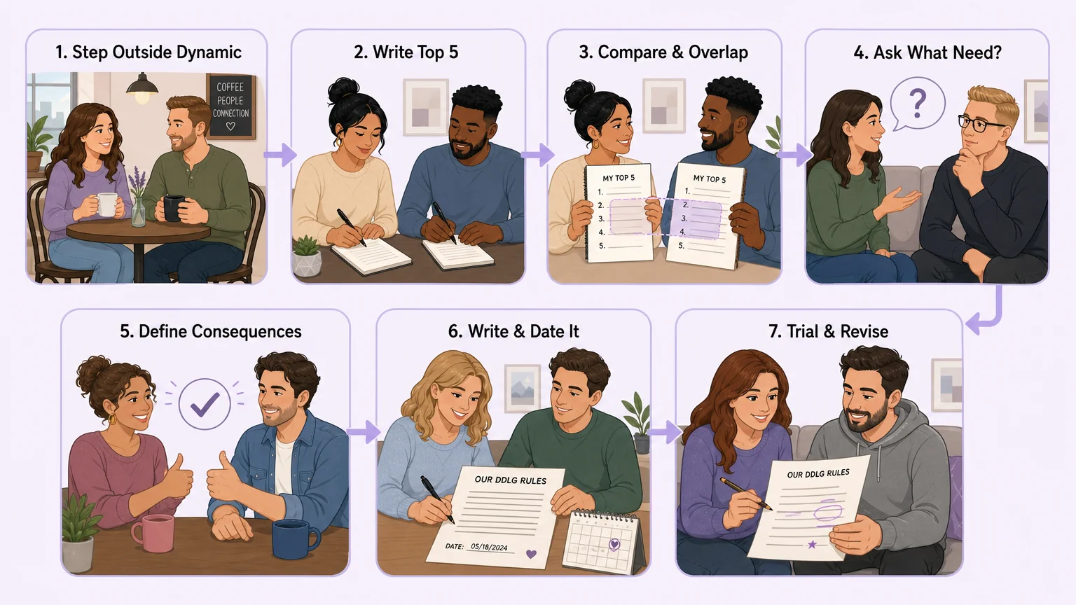 A 7-step horizontal flow showing the collaborative rule-building process — from stepping outside the dynamic through writing, comparing, negotiating, and revising
