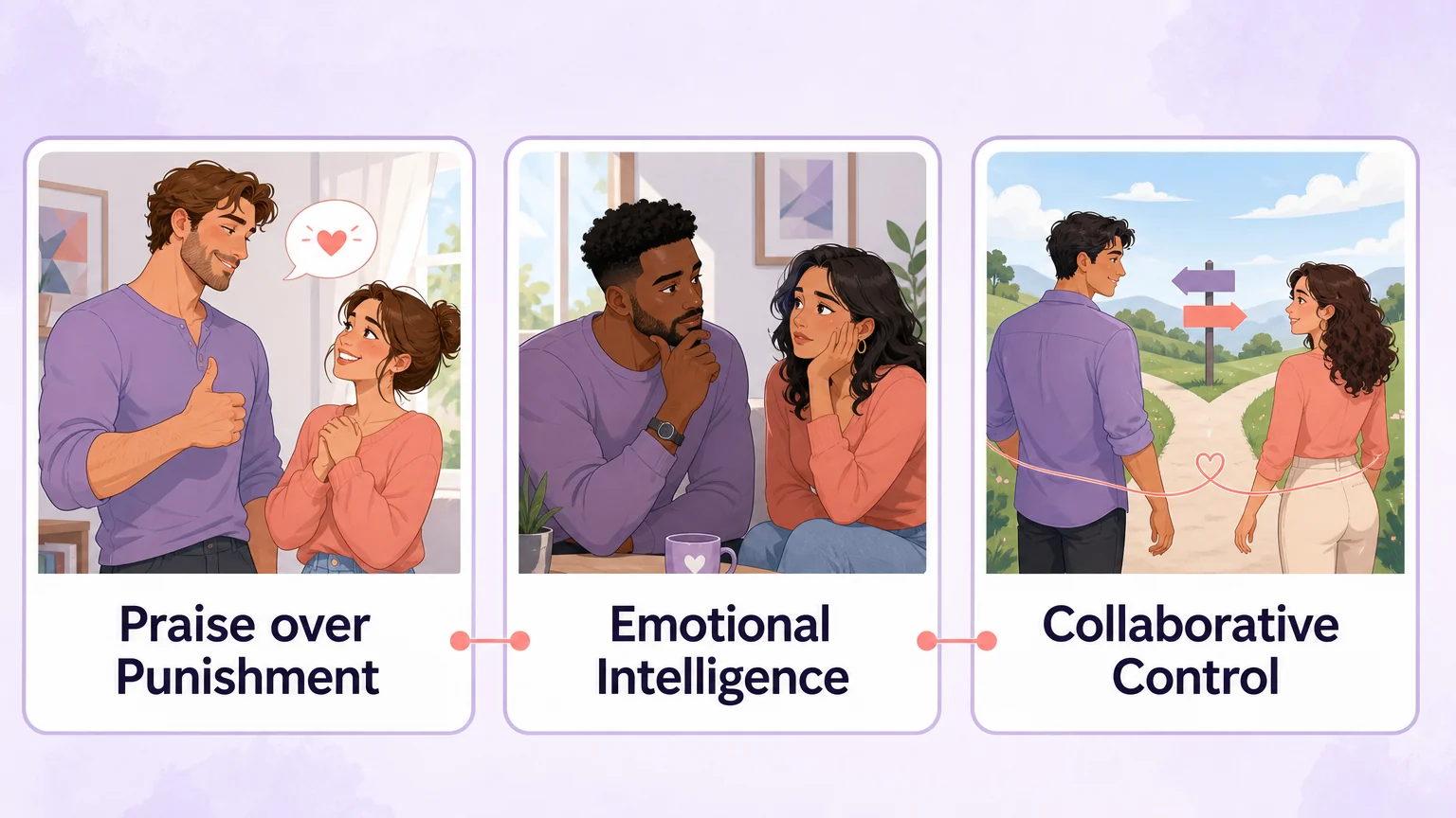 Three panels showing praise, emotional intelligence, and collaborative control