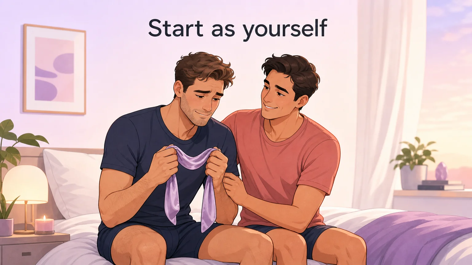 A nervous soft dom holding a blindfold, reassured by a smiling partner